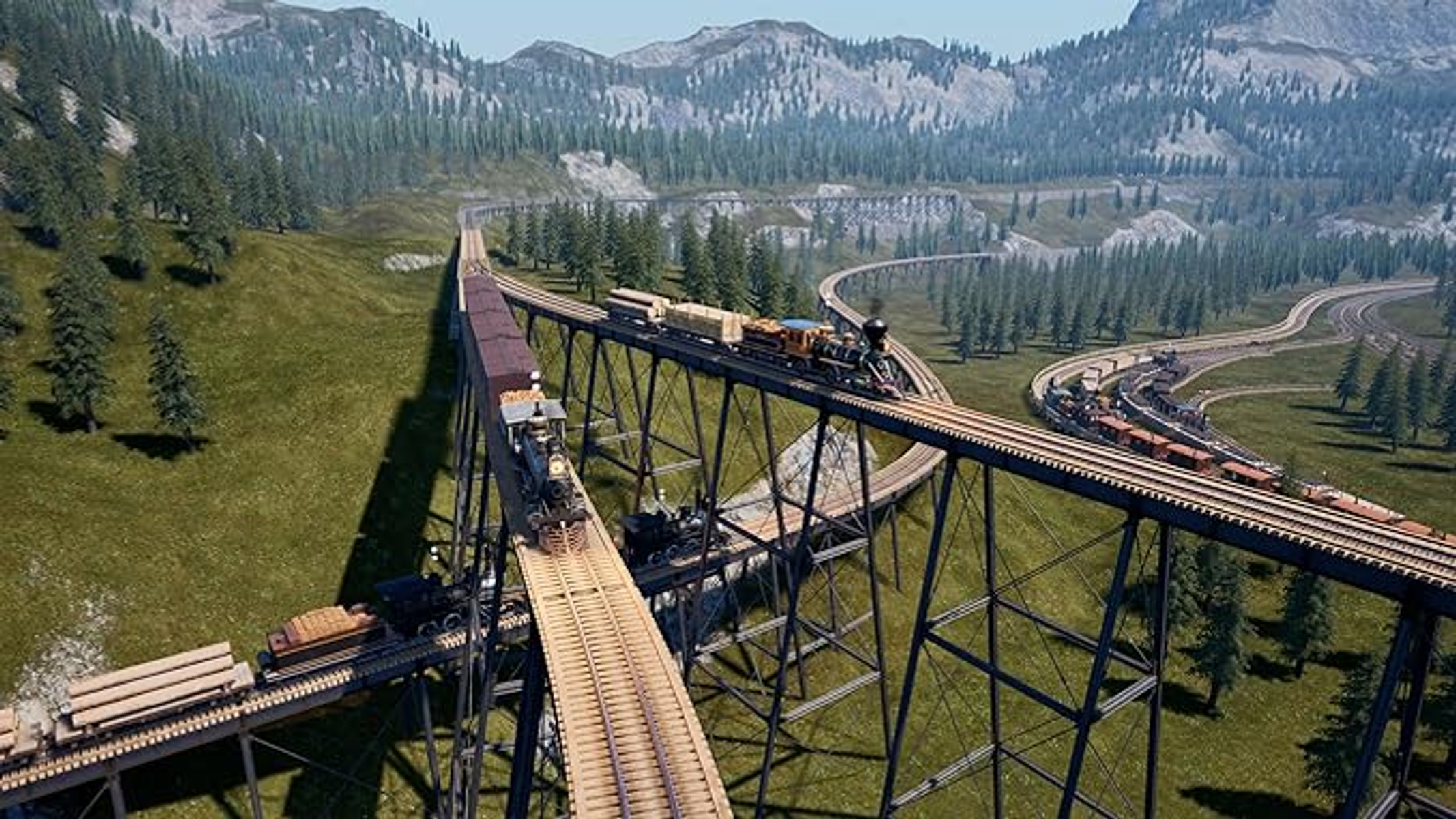 Un tren antiguo viajando en un puente sobre un valle con montañas al fondo.