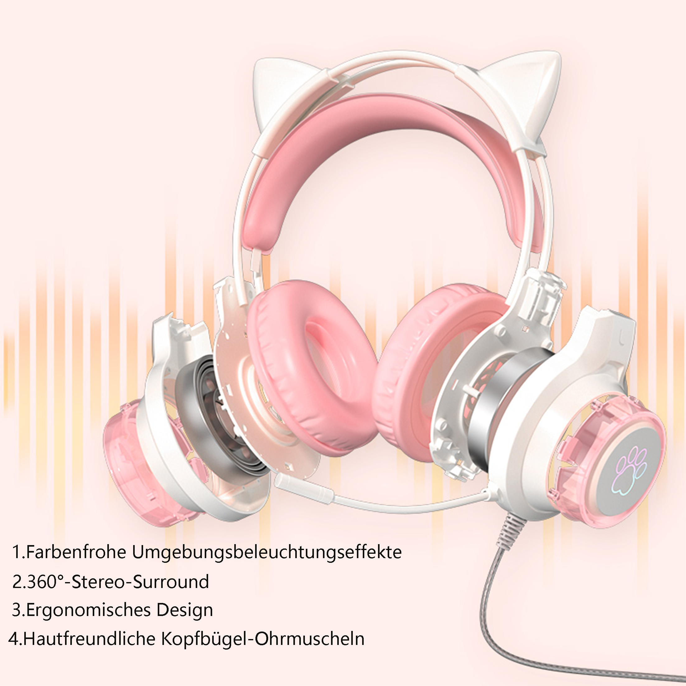 Weiße und rosa Katzenohr-Kopfhörer mit rosa Ohrmuscheln. Explosionsansicht mit Komponenten. Rosa Hintergrund.