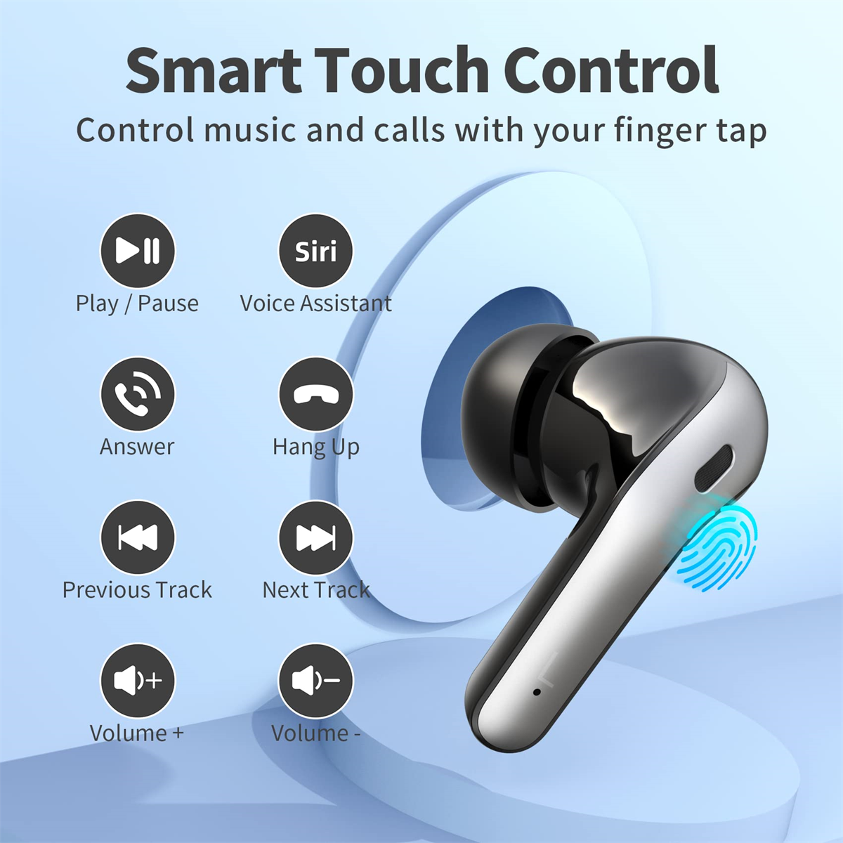 Ohrhörer mit Touch-Bedienelementen und Symbolen, plus einem Fingersymbol, das die Touch-Funktionalität anzeigt.