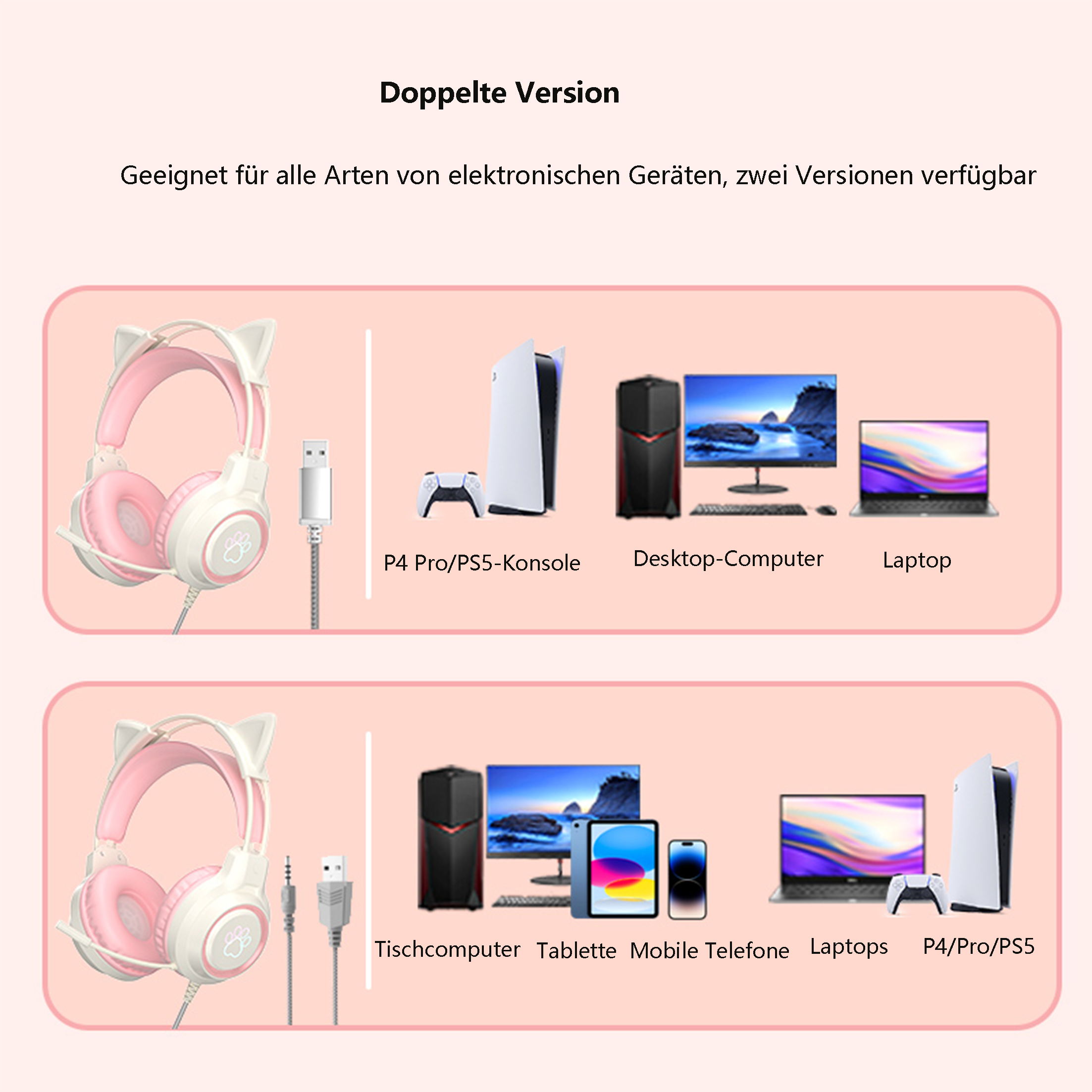 Zwei Headsets und Geräte. Weiße und rosa Headsets. Der Hintergrund zeigt Geräte.
