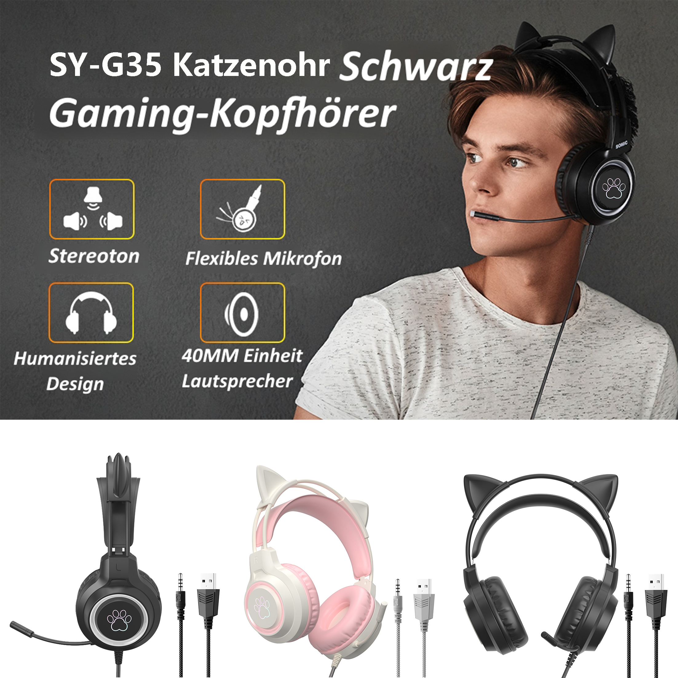 Eine Person, die Kopfhörer mit Katzenohren trägt, mit Text über Funktionen und mehreren Kopfhörerdesigns.