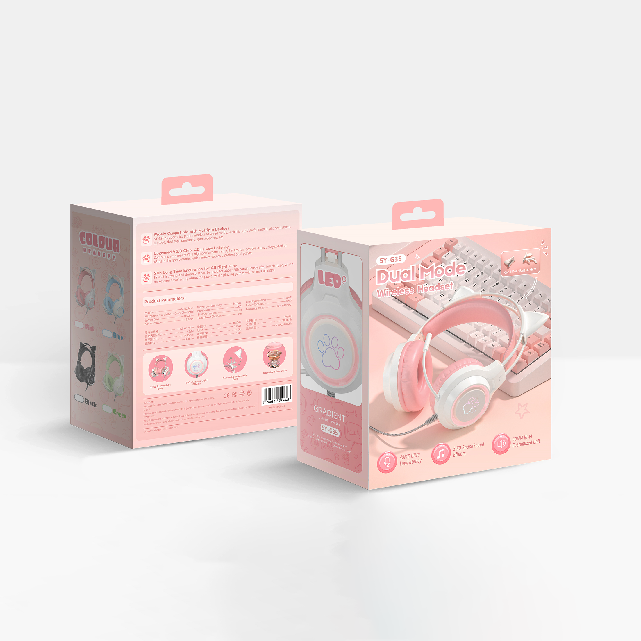 Rosa Kopfhörer in einer Schachtel mit rosa, weißen und schwarzen Akzenten. Die Verpackung zeigt Grafiken und Text.