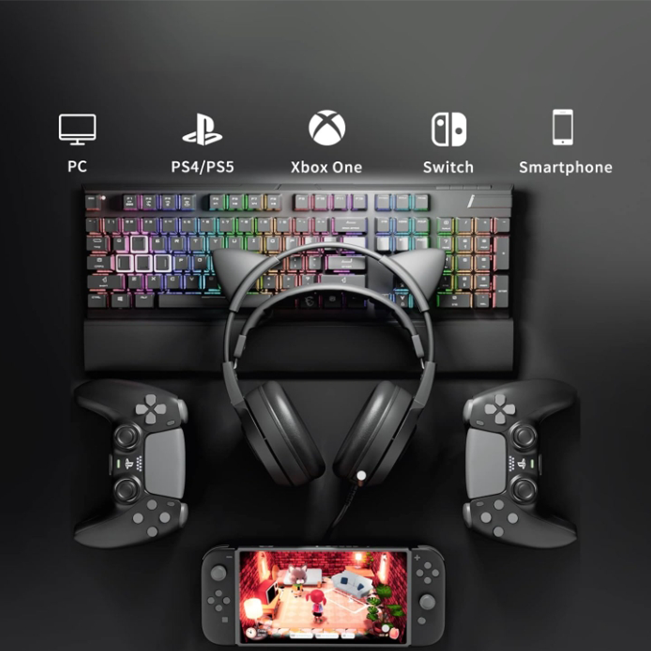 Gaming-Setup: Tastatur, Headset, Controller und eine Konsole.