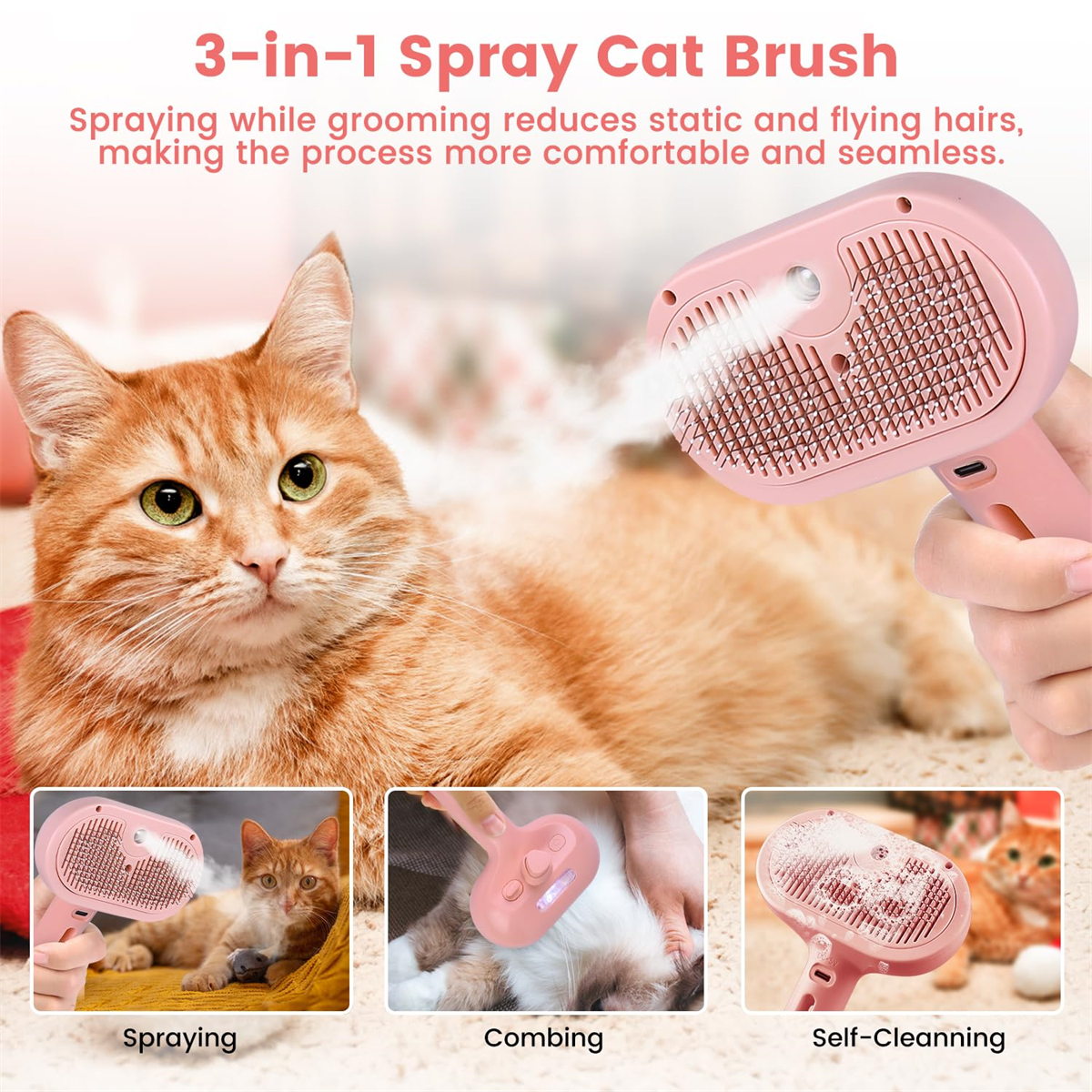 Rosa Katzenbürste sprüht Wasser, eine Katze ist im Hintergrund. Text: 3-in-1 Sprühkatzenbürste.