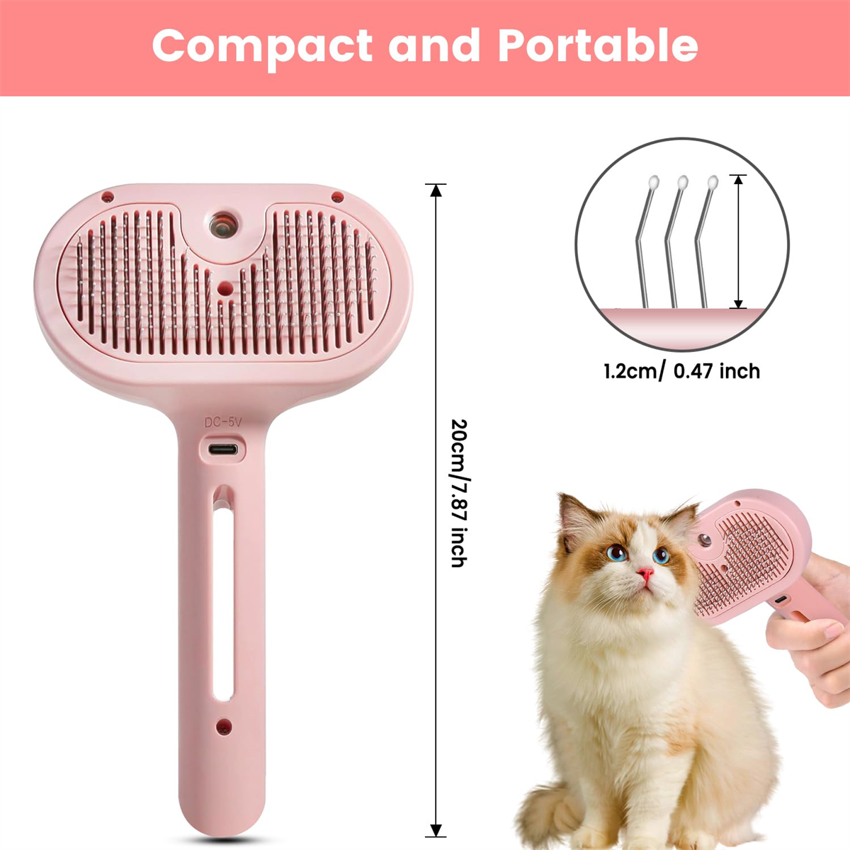 Eine pinke Haustierbürste neben einer Katze. Die Bürste hat einen Griff und Borsten.