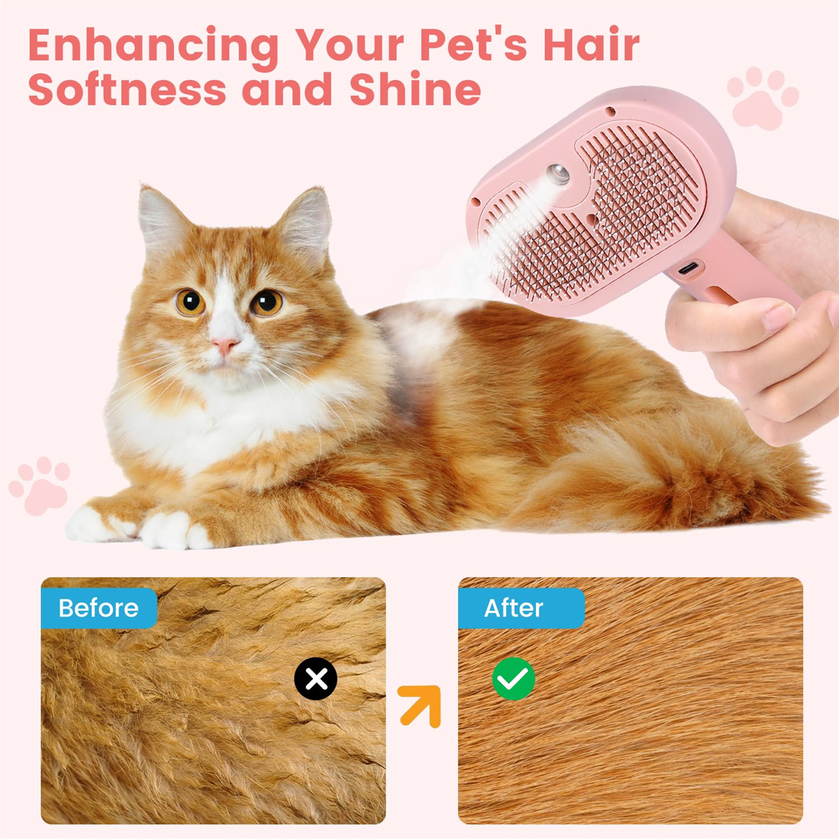 Eine Katze wird gebürstet, zeigt die Haarqualität davor und danach. Die Bürste ist rosa.