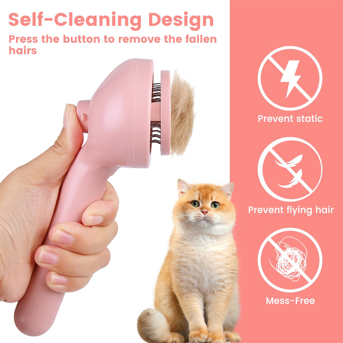 Eine rosa Haustierbürste mit einer Katze und Symbolen zur Vermeidung von statischer Aufladung, fliegenden Haaren und Unordnung.
