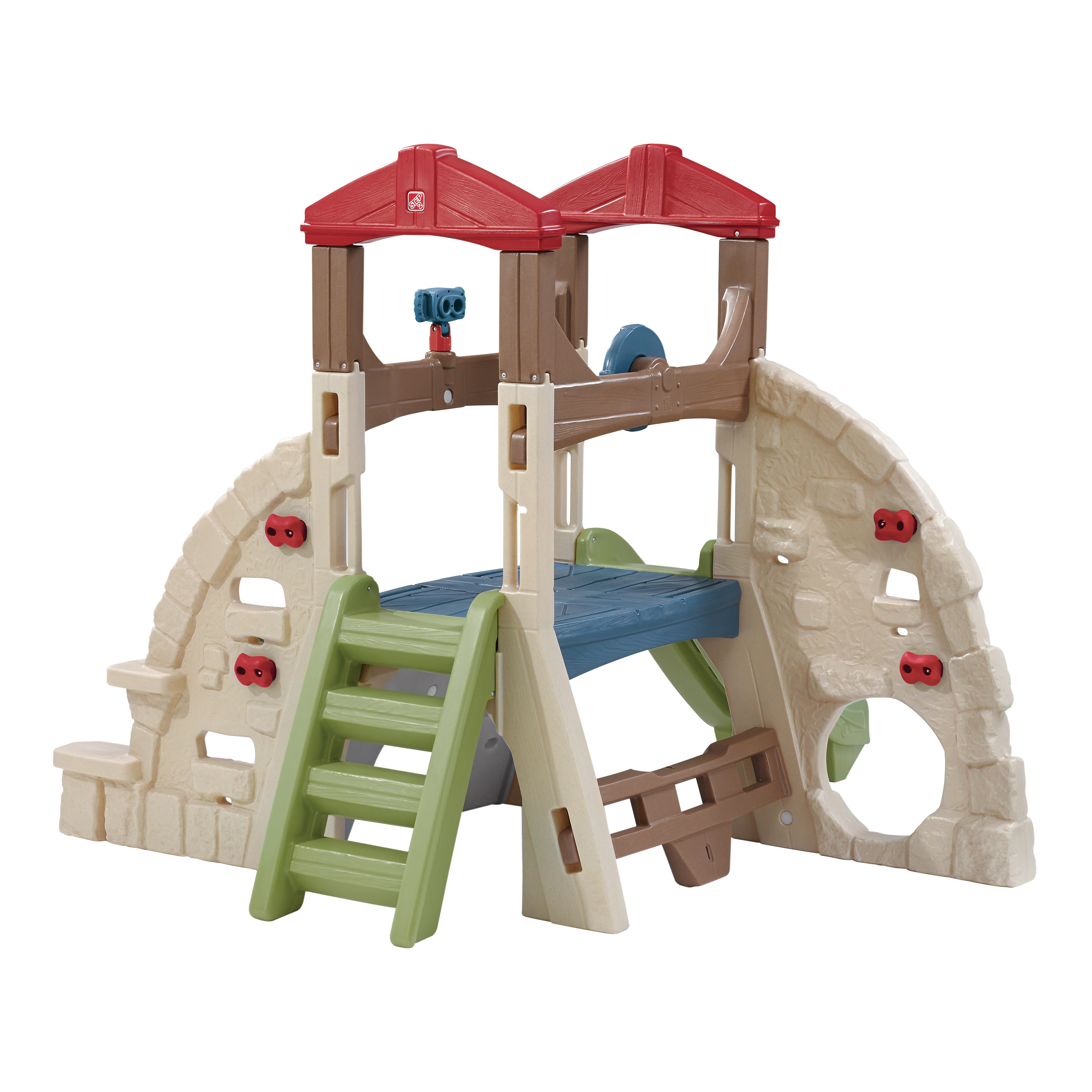 Spielstruktur mit Rutsche, Kletterwand und Dach, weißer Hintergrund.