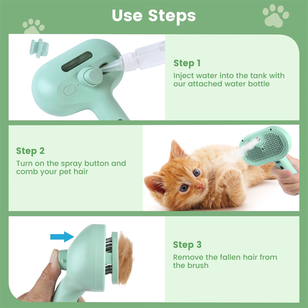Schritte zur Fellpflege: Wasser einspritzen, sprühen und Haare entfernen. Katze in der Mitte.