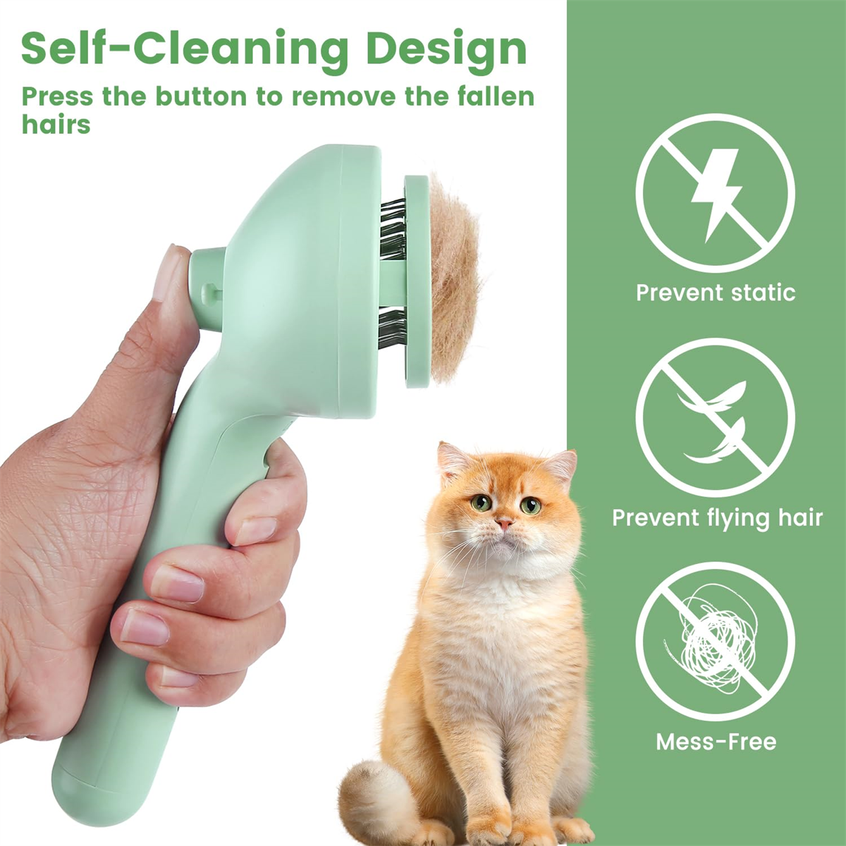 Person hält grüne Haustierbürste mit Ingwerkatze. Text: verhindert statische Aufladung, Haare, und sauber.