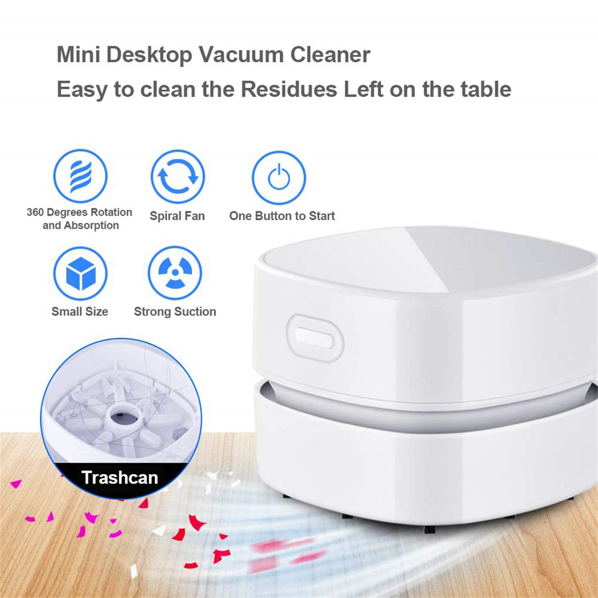 Weißer Mini-Desktop-Staubsauger mit Symbolen und Text, der einen Mülleimer, weiße Oberfläche und rosa Konfetti zeigt.