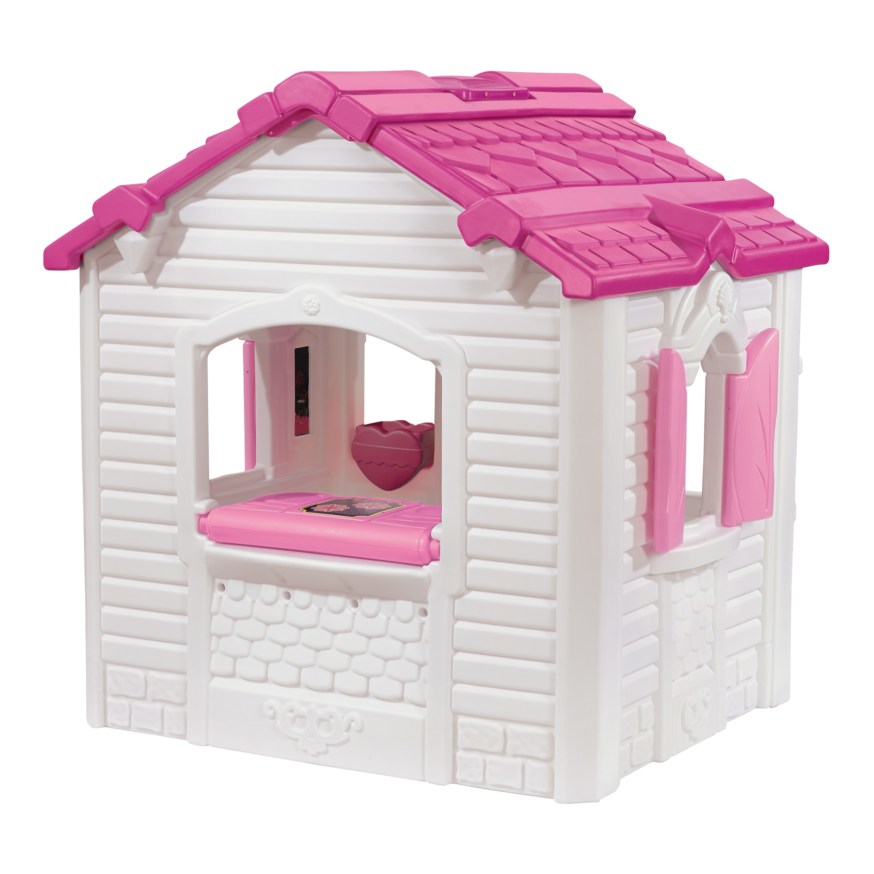 Ein weißes und rosa Spielhaus. Es hat ein rosa Dach, Fenster und einen Fenstersitz. Weißer Hintergrund.