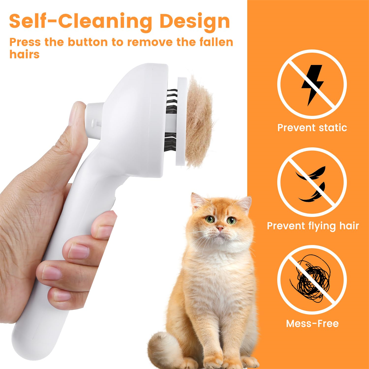 Eine Hand hält eine weiße Haustierbürste, die Haare entfernt. Darunter sitzt eine orangefarbene Katze. Auf der rechten Seite befinden sich Informationssymbole.