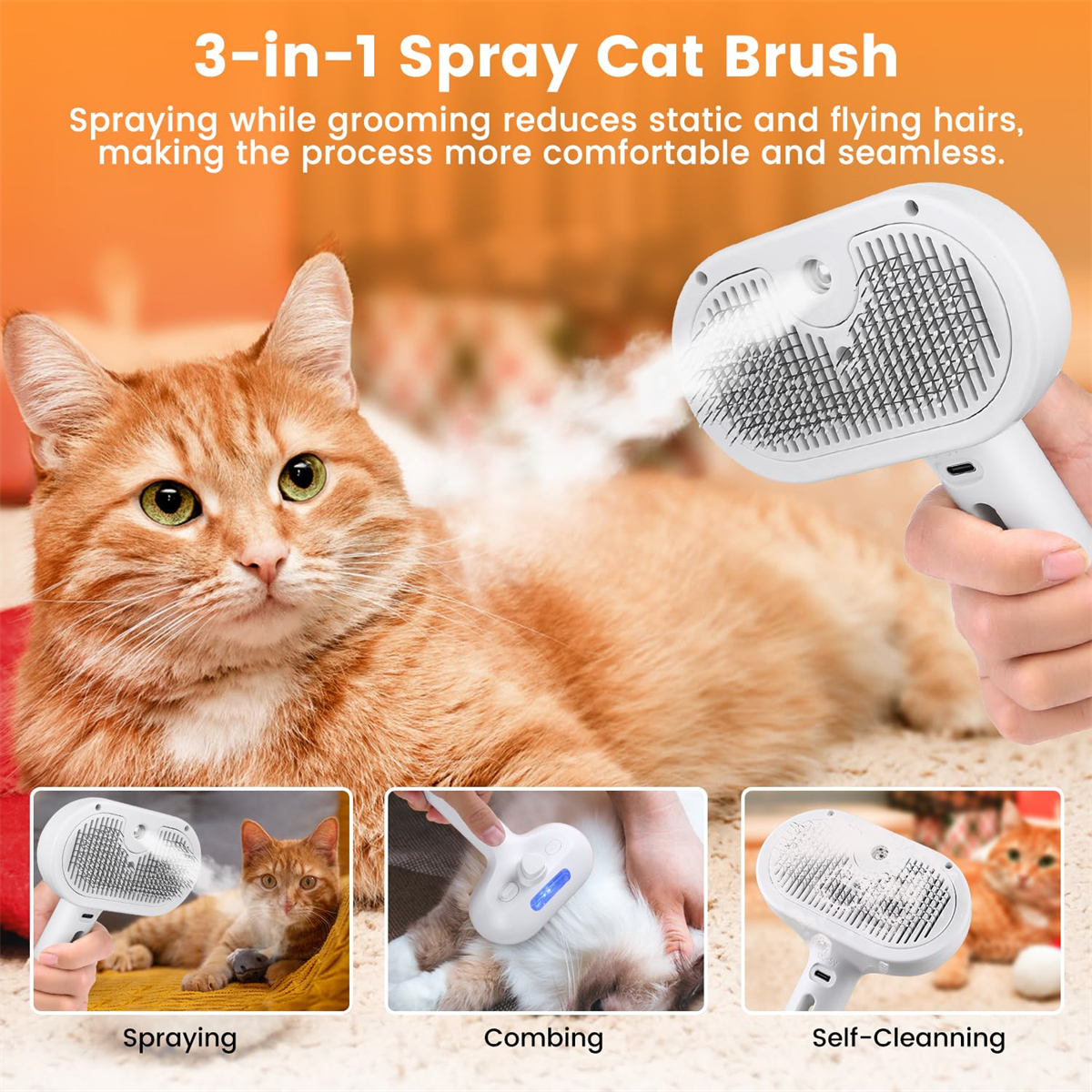 Eine orange Katze, die mit einer weißen Sprühbürste gepflegt wird. Die Bürste sprüht, kämmt und reinigt sich selbst.
