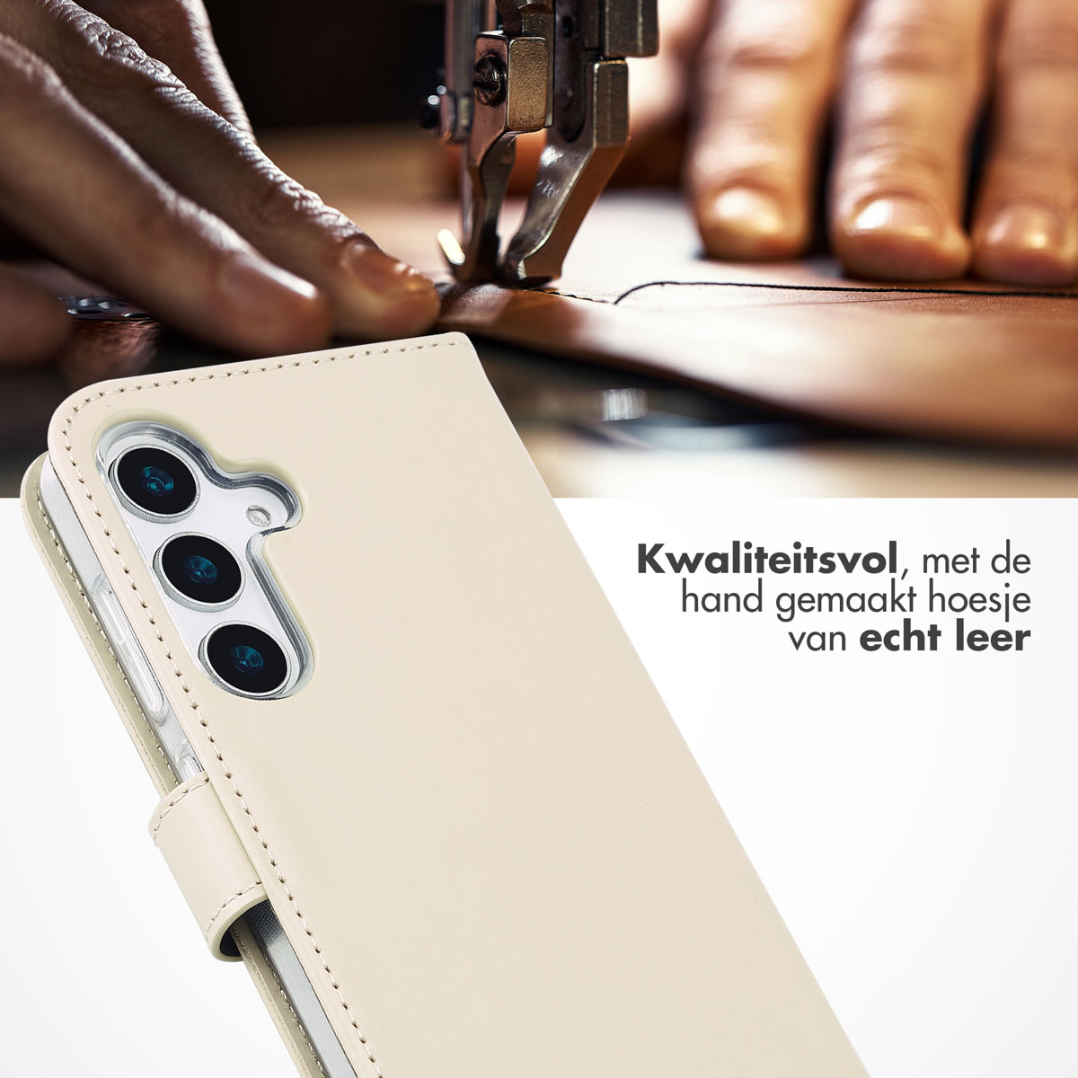 A beige phone case made of leather is open. A sewing machine is in the background.