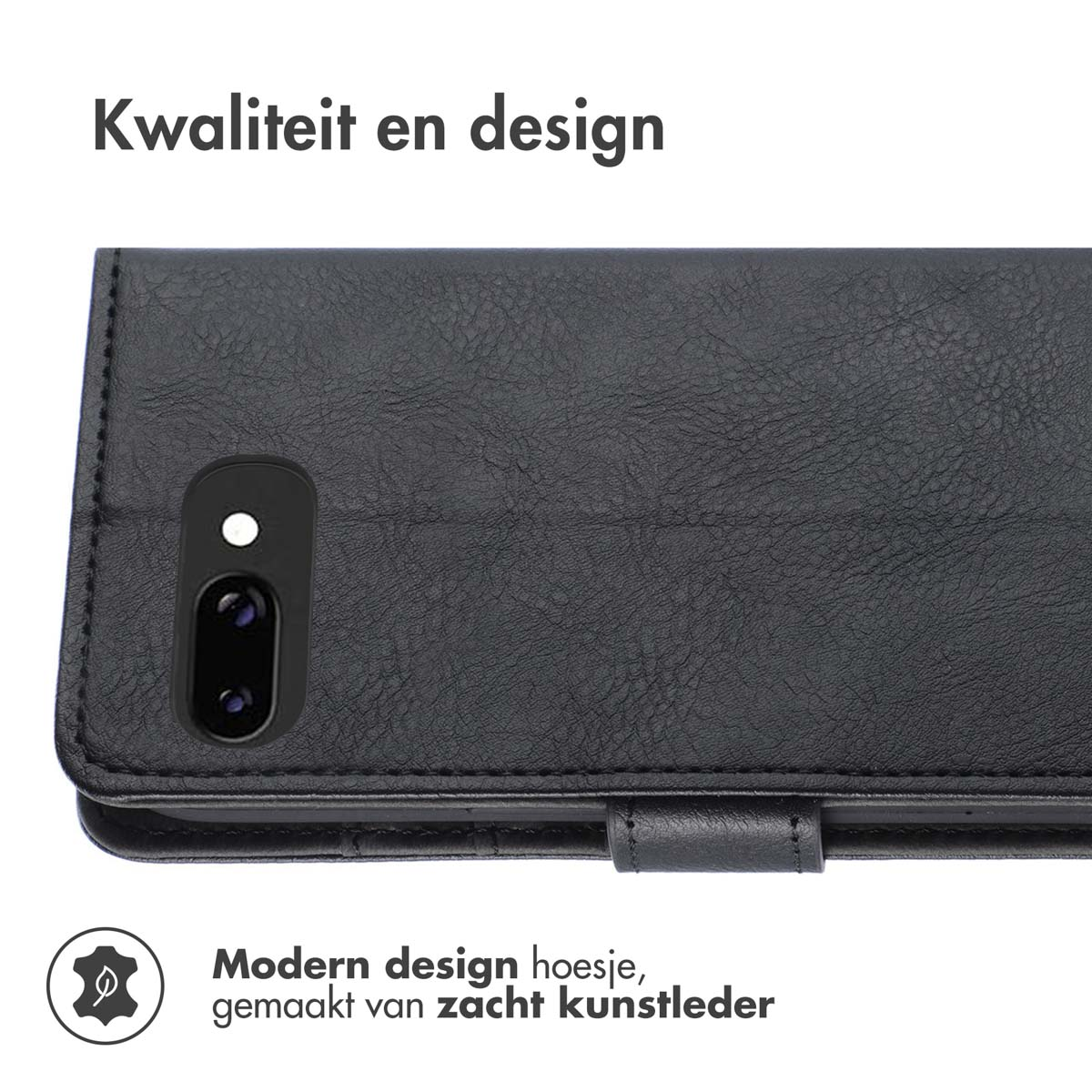 Zwarte telefoonhoes met een camera-uitsparing. Tekst: modern design, gemaakt van zacht leer.