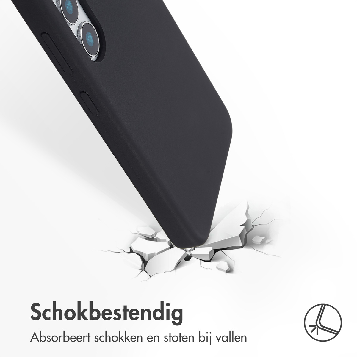Zwarte telefoonhoes met impact, waardoor scheuren ontstaan. De tekst zegt schokbestendig.