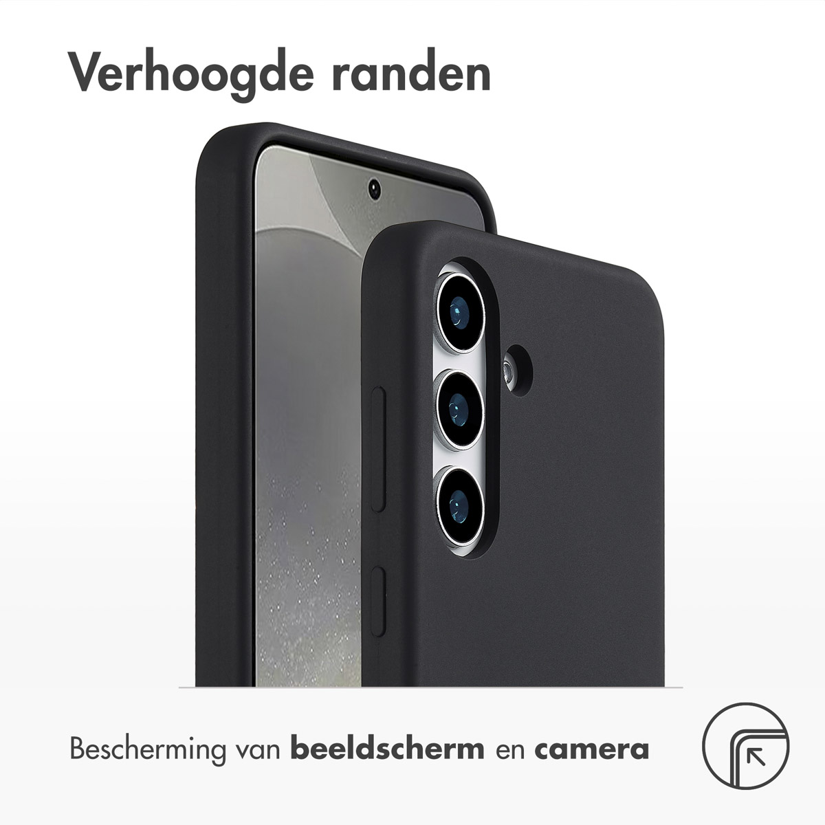 Een zwarte telefoonhoes op een wit oppervlak. De telefoon is gedeeltelijk zichtbaar.