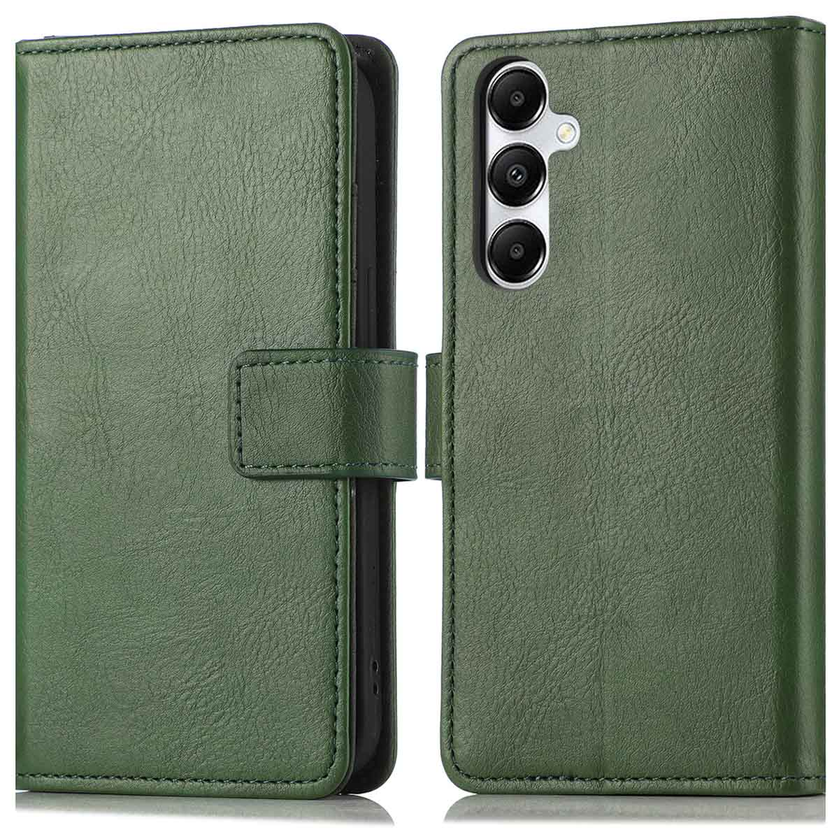 Een groene leren telefoonhoes, open om de telefoon binnenin te laten zien.