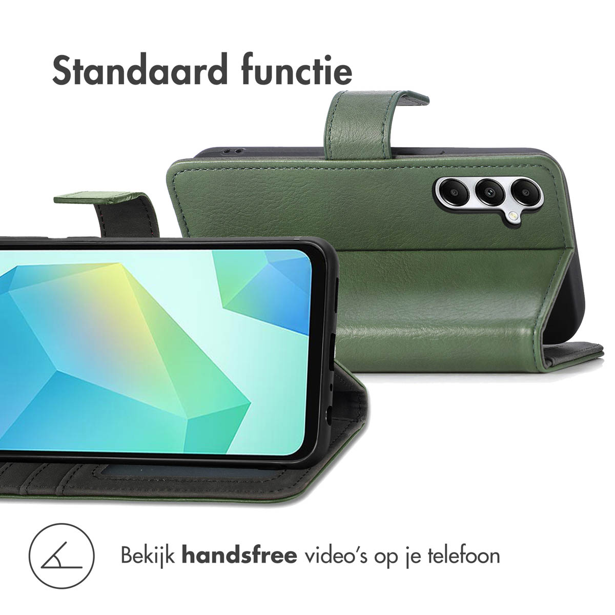 Groene telefoonhoes met een scherm met een telefoon en een standfunctie voor video's.
