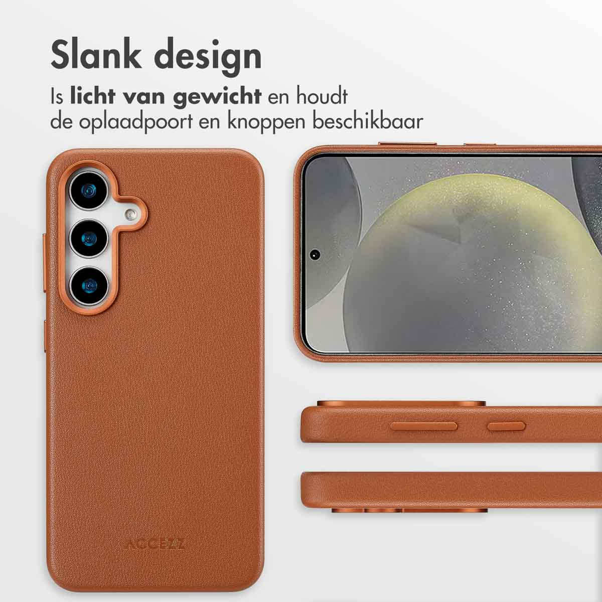 Bruine telefoonhoes. Toont de achterkant en zijkant details, met knoppen.