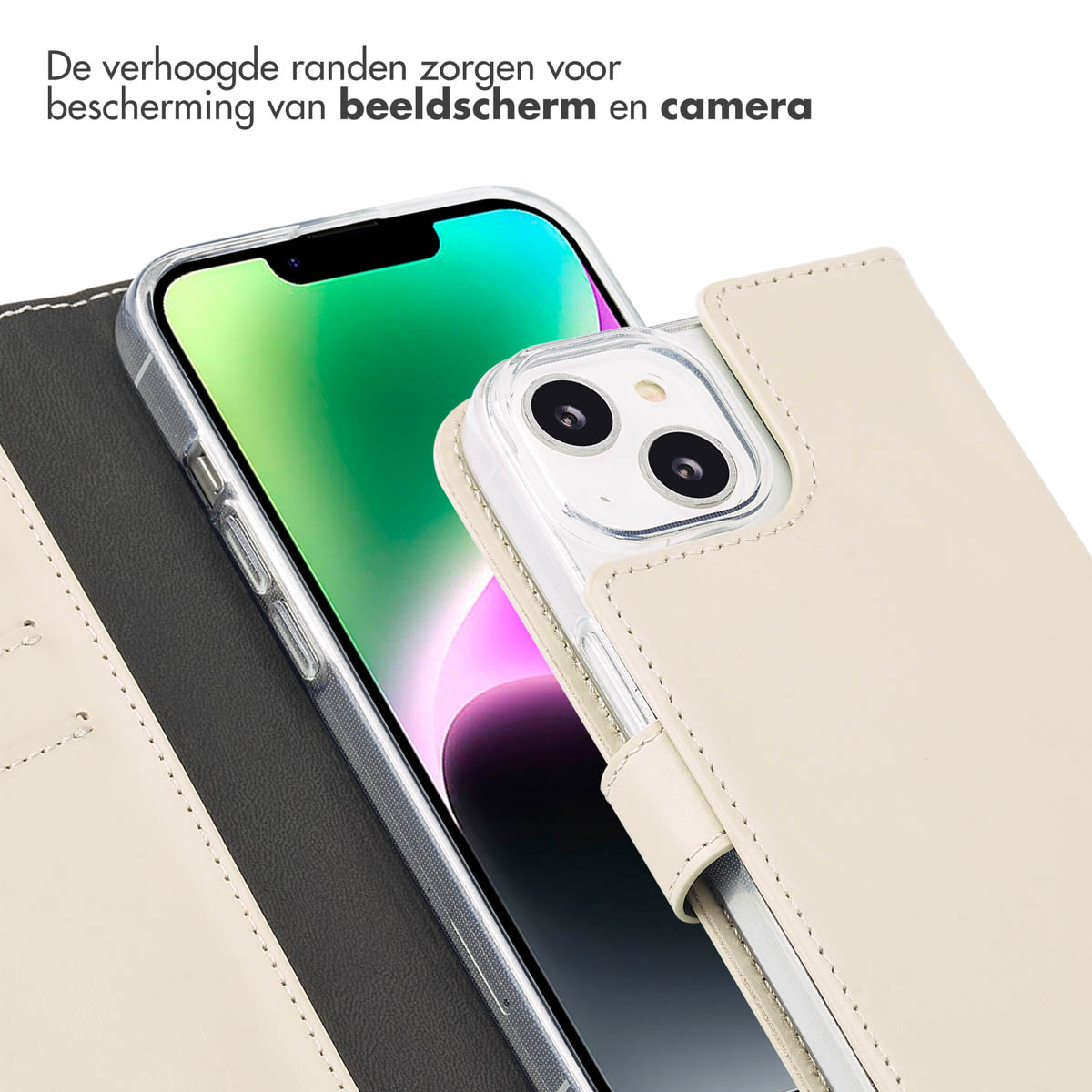 Een telefoon in een hoesje, dat het scherm van de telefoon toont. De hoes beschermt.