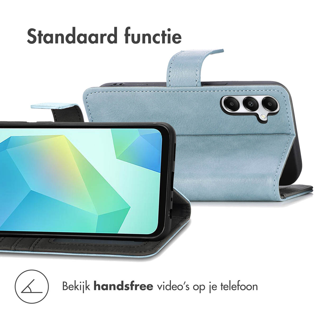 Un étui de téléphone bleu ouvert pour afficher un téléphone, avec un fond blanc et du texte.