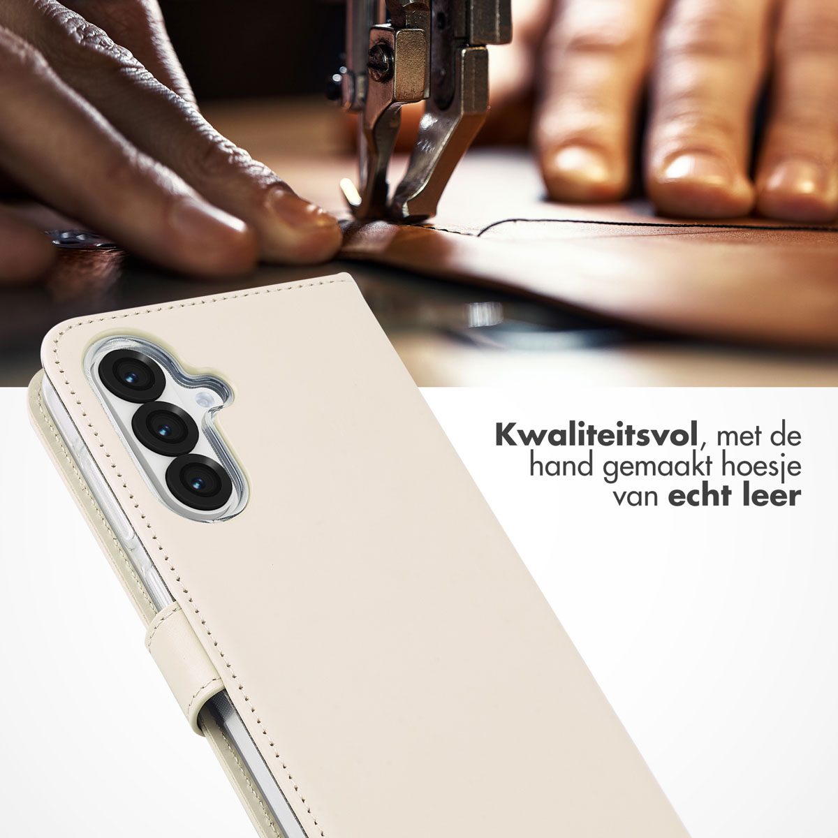 Close-up van een telefoonhoes die wordt genaaid. De hoes is beige en heeft uitsparingen voor de camera.