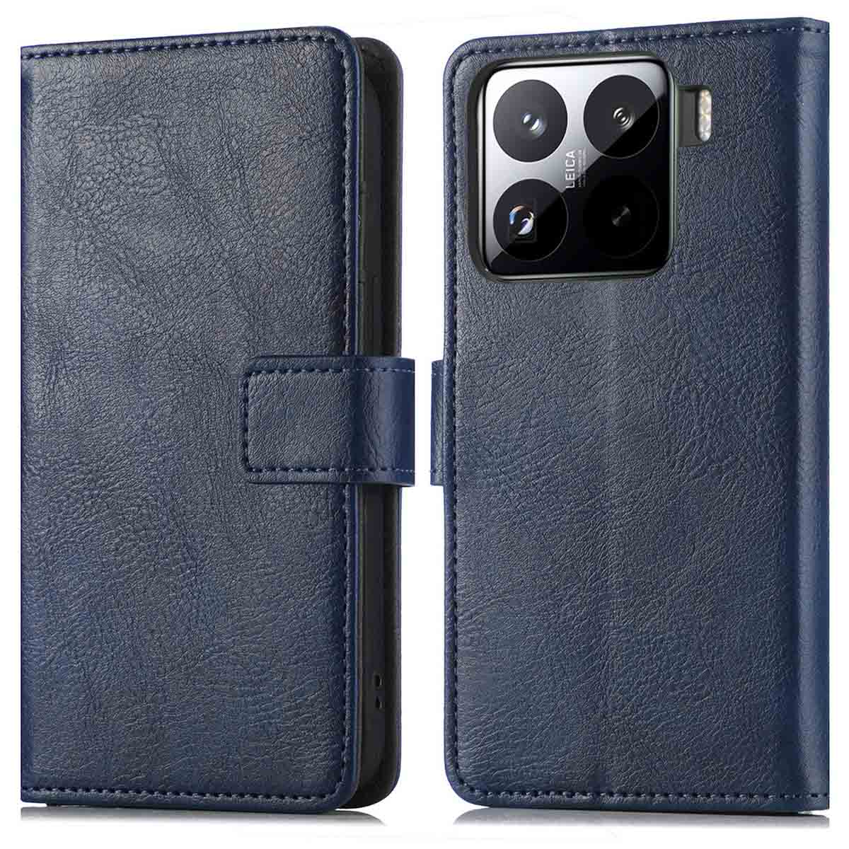 Étui de téléphone en cuir bleu foncé, fermé et ouvert, montrant le téléphone avec trois caméras.