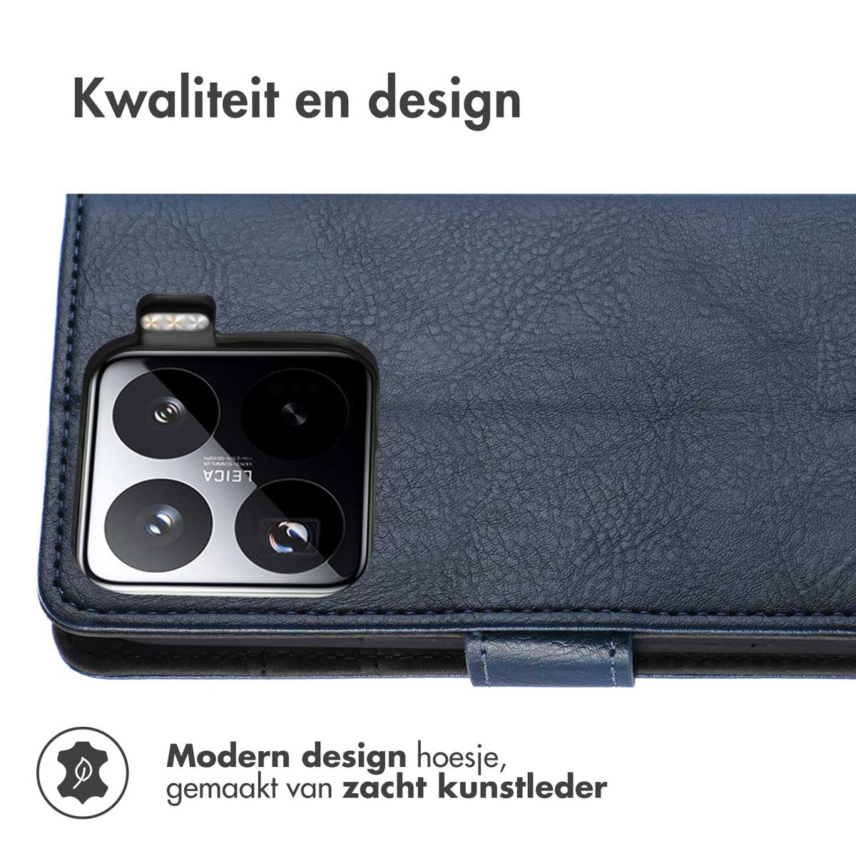 Coque de téléphone bleue avec section caméra. Texte : 'Design moderne, en similicuir souple'.