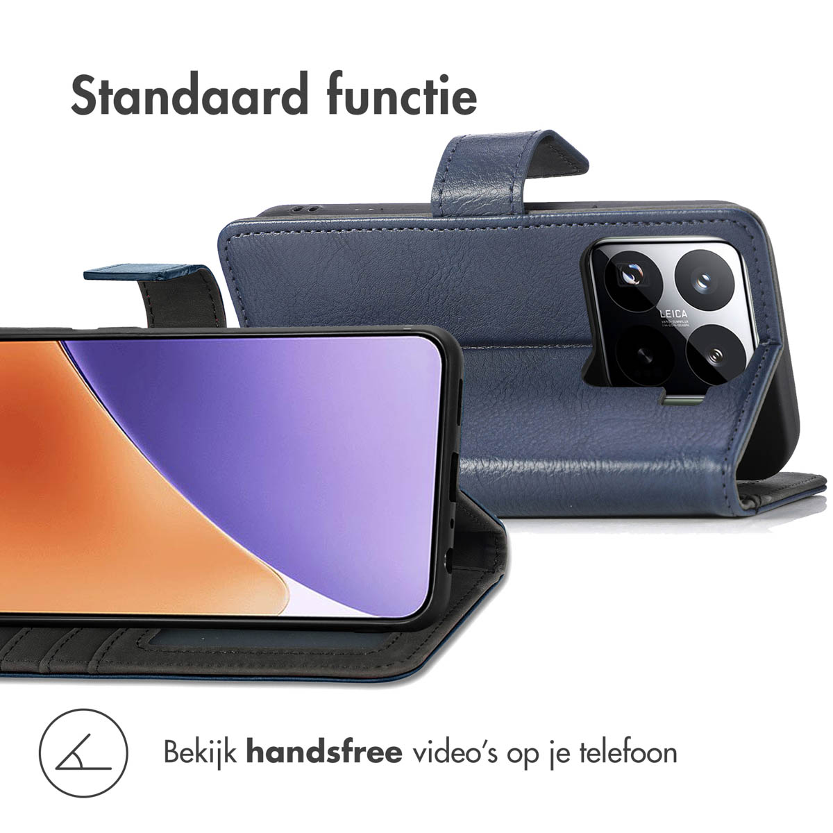 Un téléphone dans un étui bleu. Le texte dit 'Bekijk handsfree video's op je telefoon'.