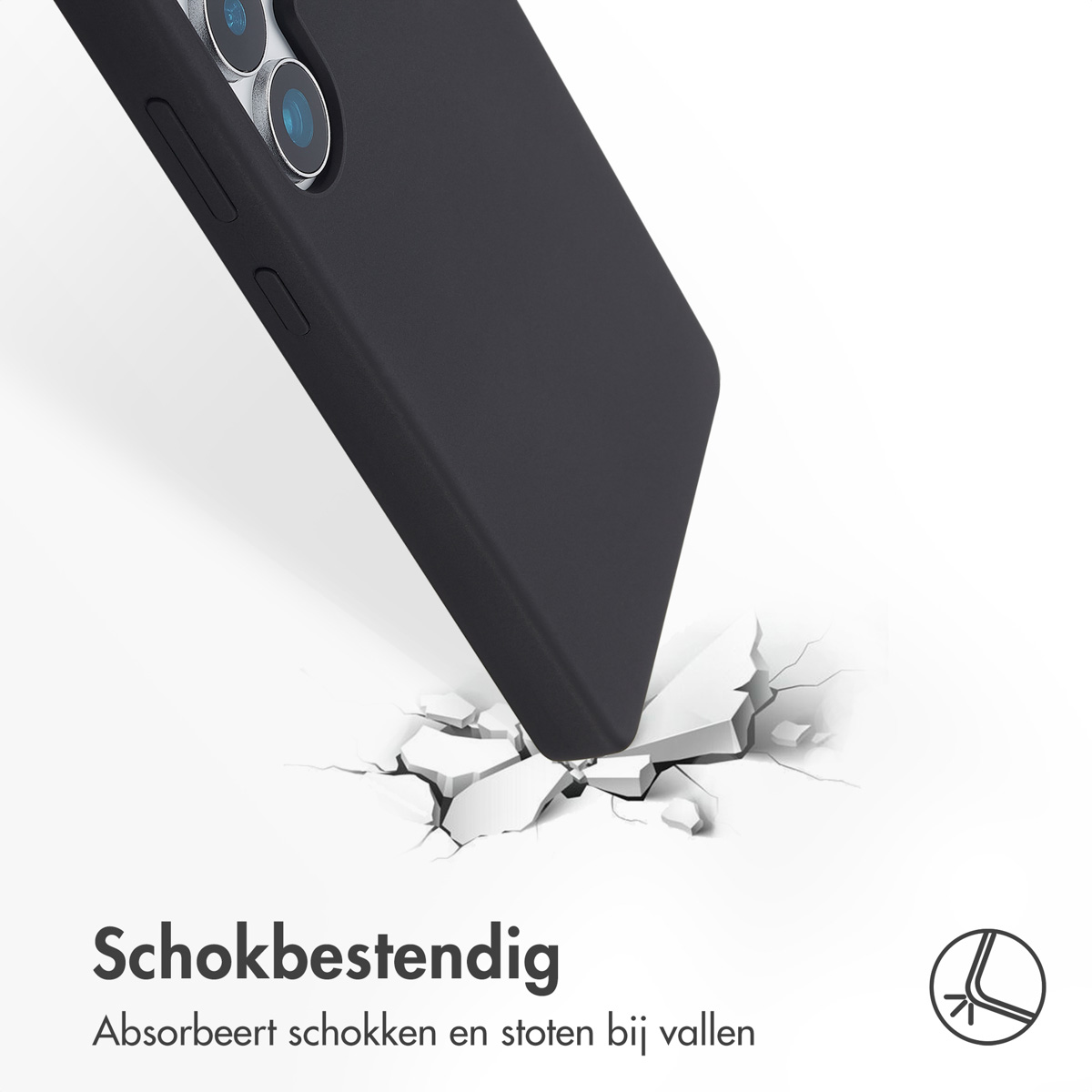 Zwarte telefoonhoes, schokbestendig. De telefoonhoes valt en breekt het oppervlak.
