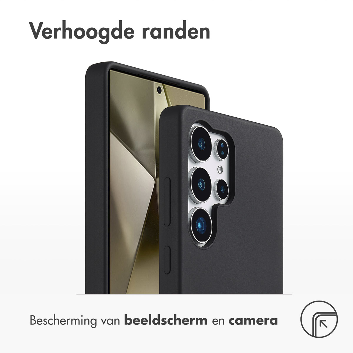 Zwarte telefoonhoes met telefoon erin, camera-gebied zichtbaar, verhoogde randen.