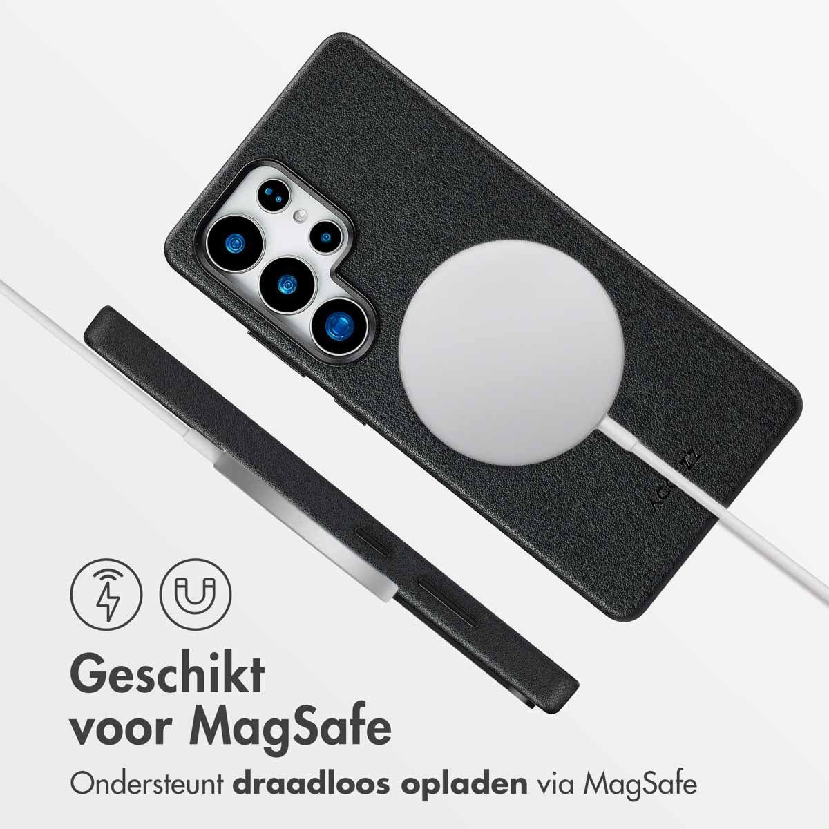 Zwarte telefoonhoes met witte MagSafe-oplader bevestigd. Tekst: Geschikt voor MagSafe. Ondersteunt draadloos opladen via MagSafe.