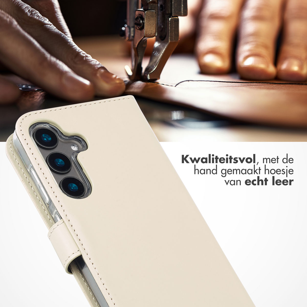 Custodia beige con telefono cucita da una macchina da cucire. Sfondo bianco.