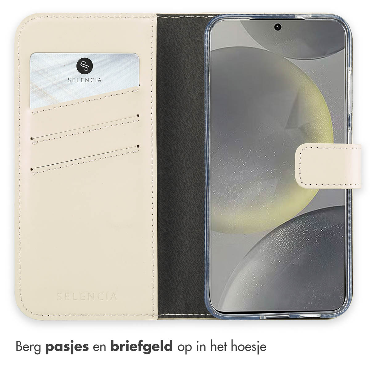 Telefoonhoes open met kaartsleuven en een telefoon erin die een scherm toont, met een crèmekleurige hoes.