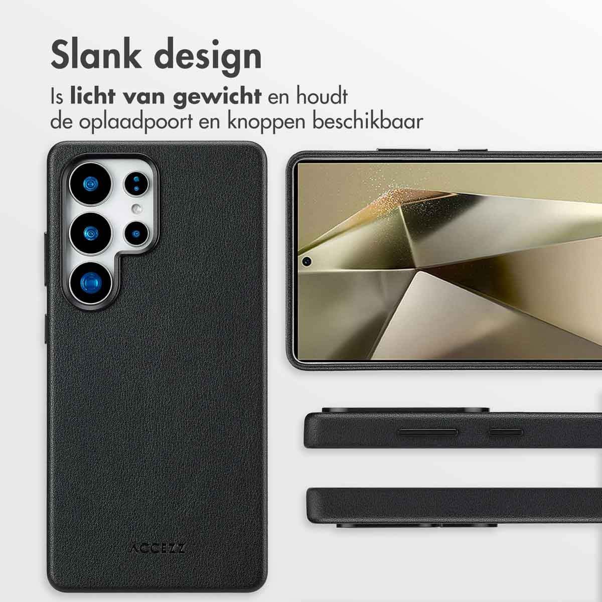 Een zwarte telefoonhoes en een telefoon, die de achterkant en het scherm van de telefoon tonen.