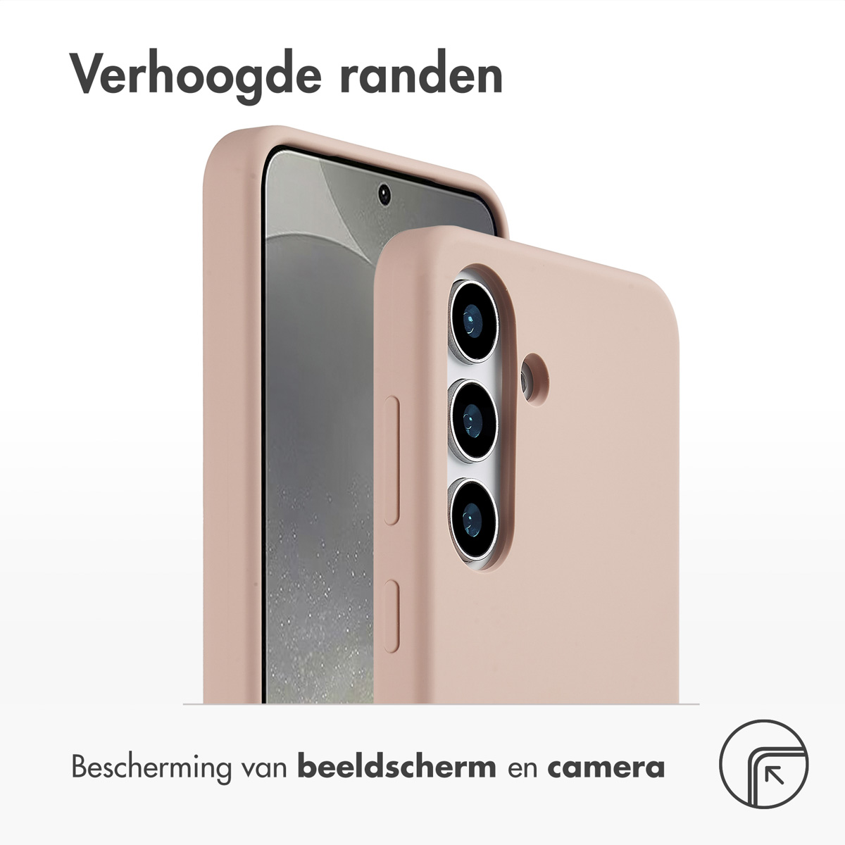 Roze telefoonhoes met telefoon erin, camera-gebied zichtbaar, verhoogde randen.
