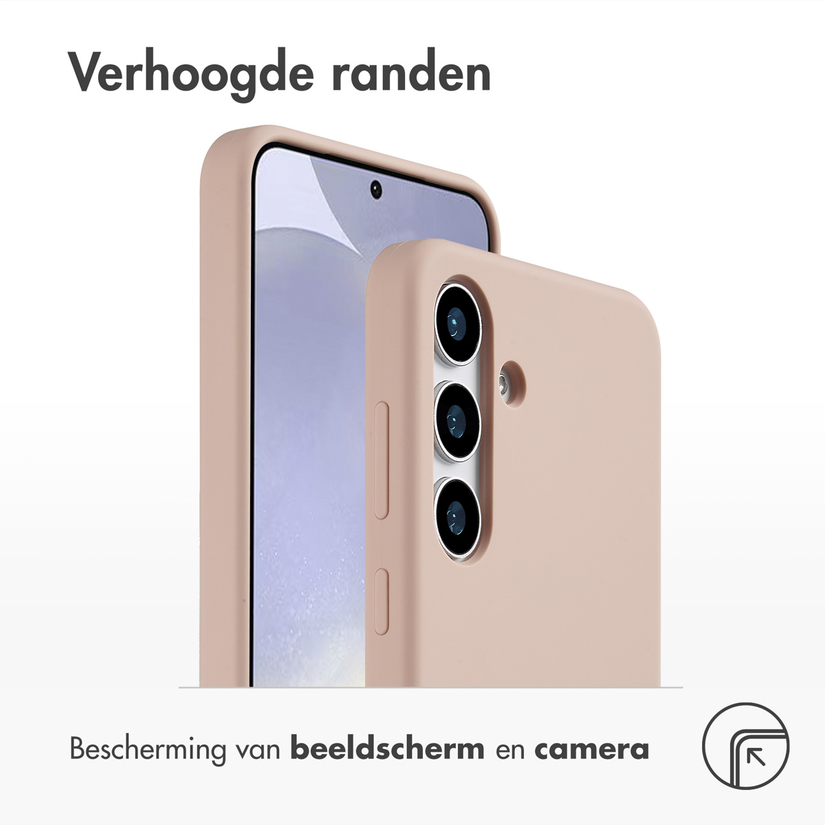 Coque de téléphone rose avec bords surélevés. Texte : 'Protection de l'écran et de la caméra'.