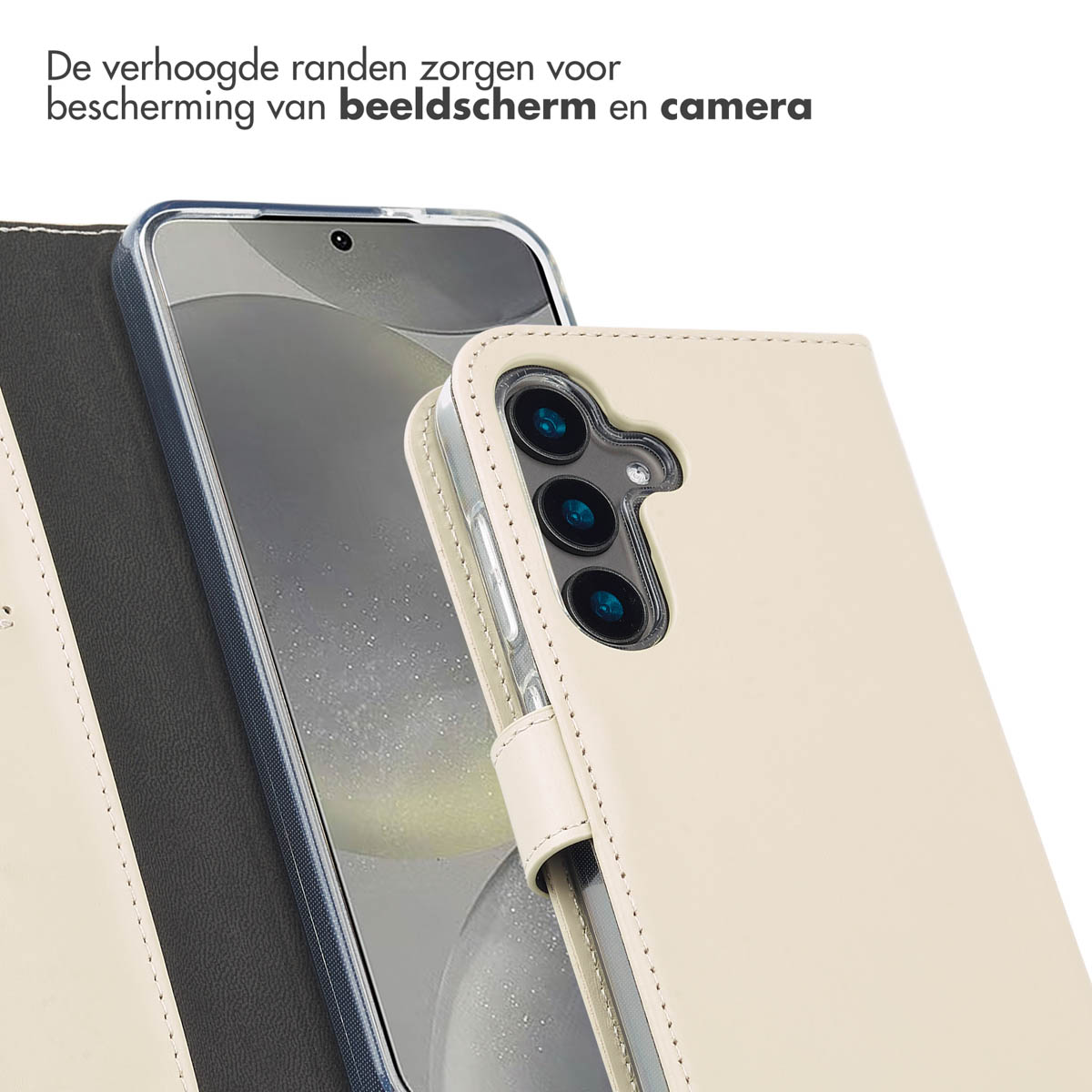 Close-up telefoonhoesje met telefoon erin, toont bescherming van scherm en camera.