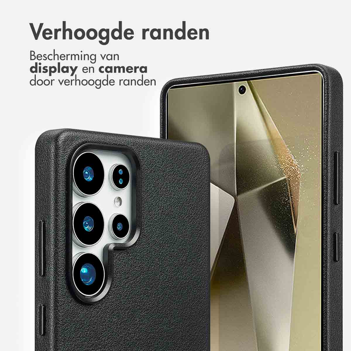 Zwarte telefoonhoes met verhoogde randen, beschermt scherm en camera. De hoes heeft camera-uitsparingen.