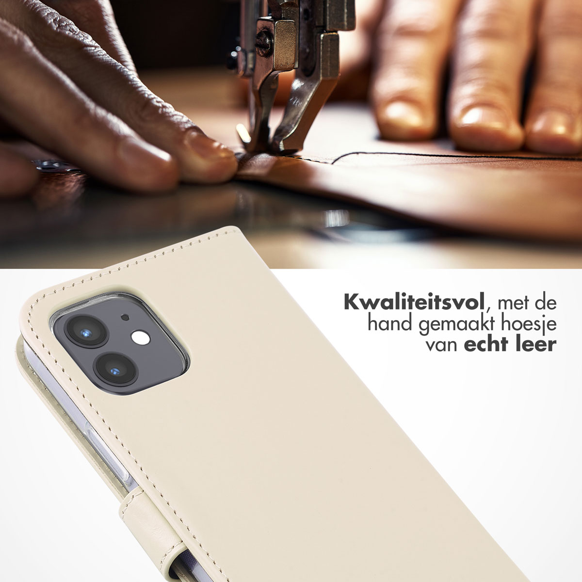 Een persoon die leer naait. Een crèmekleurige telefoonhoes op de voorgrond.
