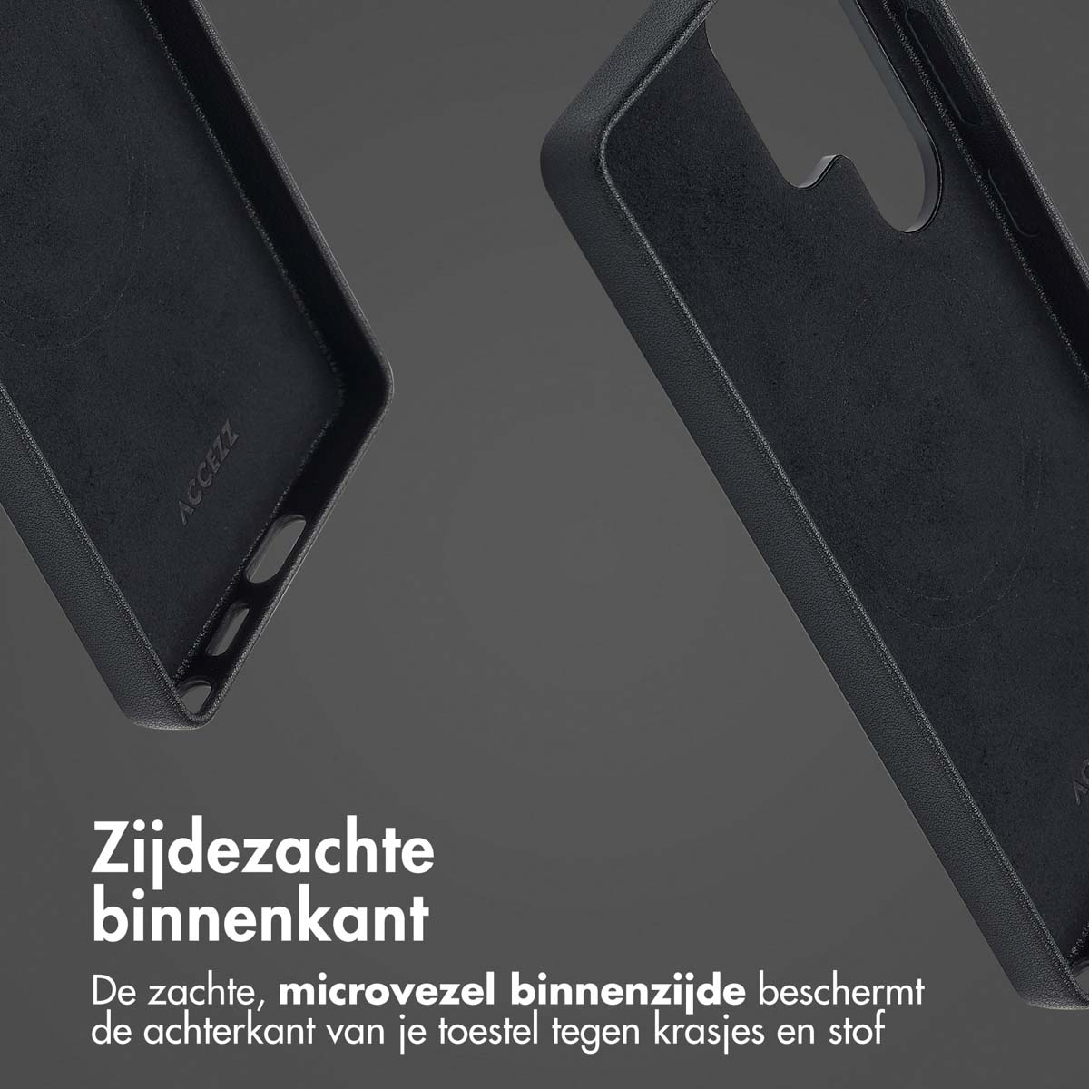Zwarte telefoonhoes binnenkant met zachte microvezel. Beschermt tegen krassen en stof.