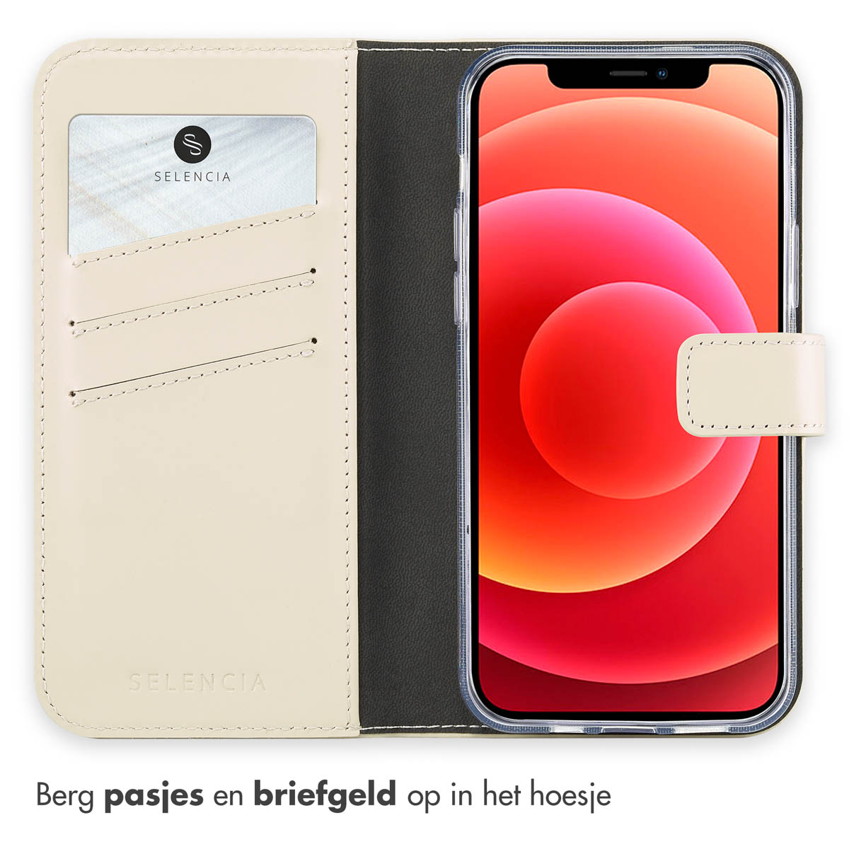 Telefoon in een portemonneehoesje, met kaartsleuven. Beige en zwart.