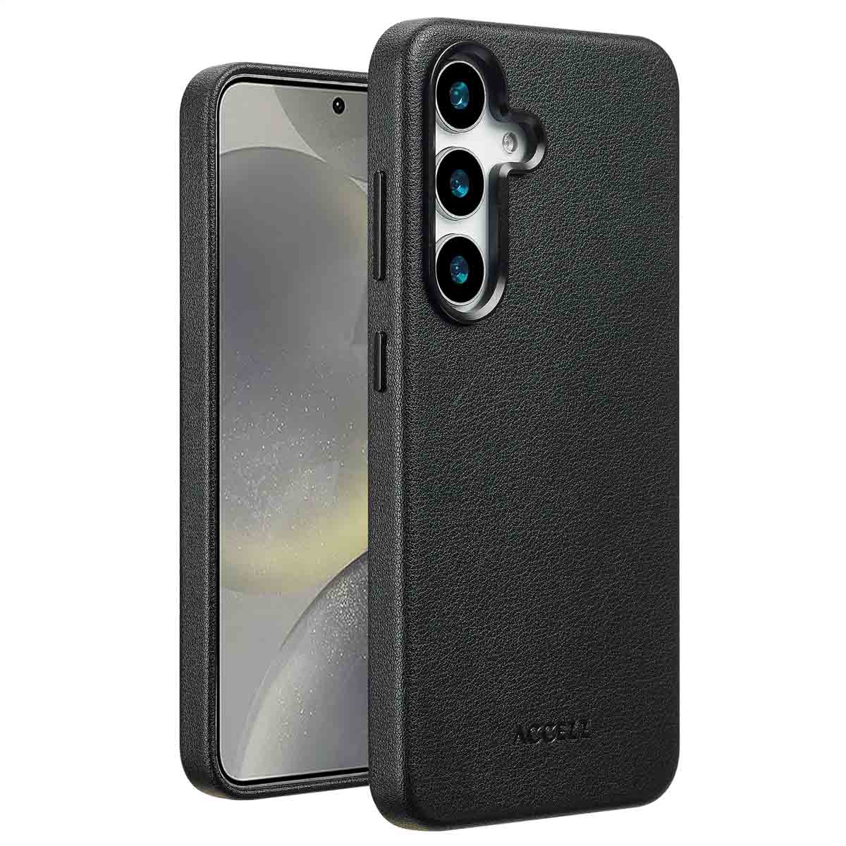 Black phone case with a phone inside. The phone has a screen and three cameras.