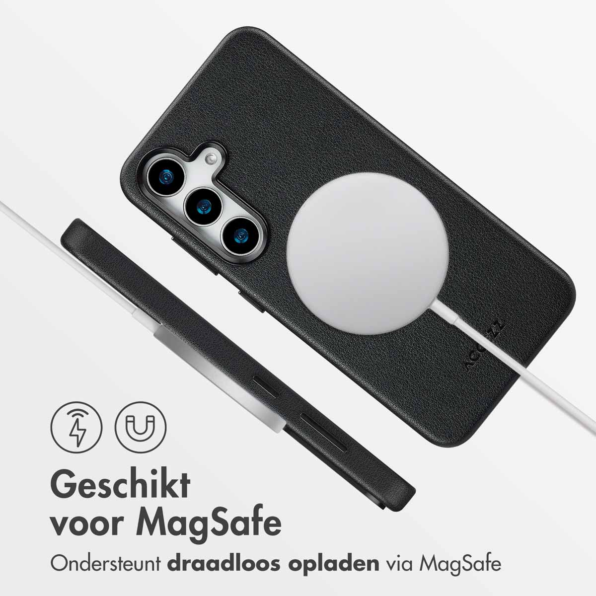 Un étui de téléphone noir avec un chargeur MagSafe blanc. Le téléphone est partiellement visible.