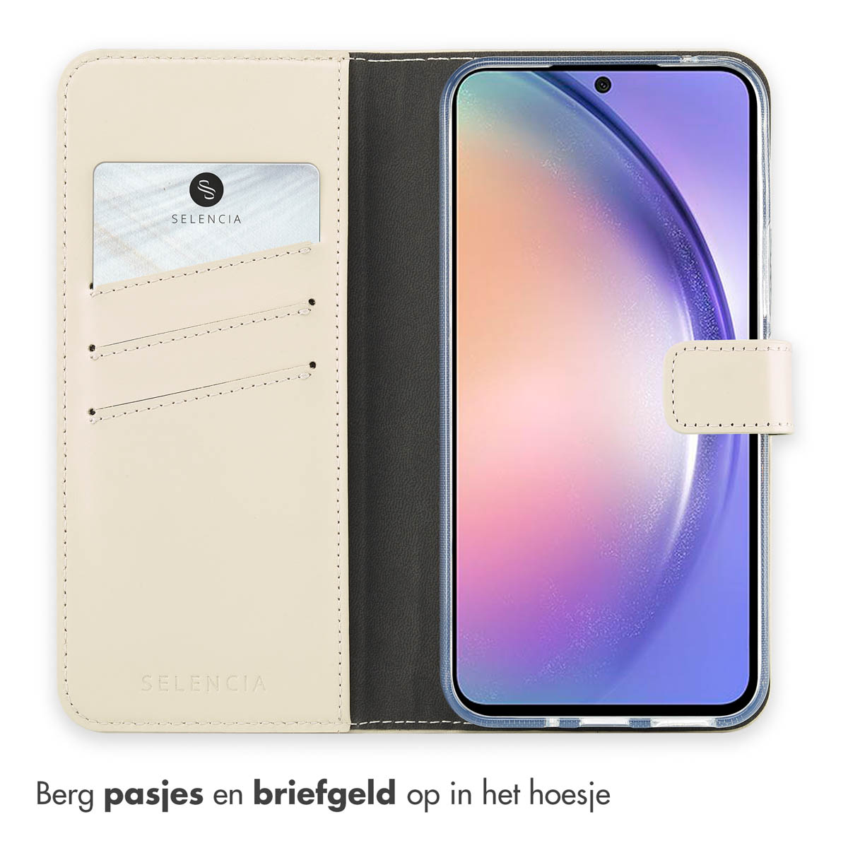 Custodia beige aperta, con telefono. Ci sono slot per schede. Sfondo bianco.