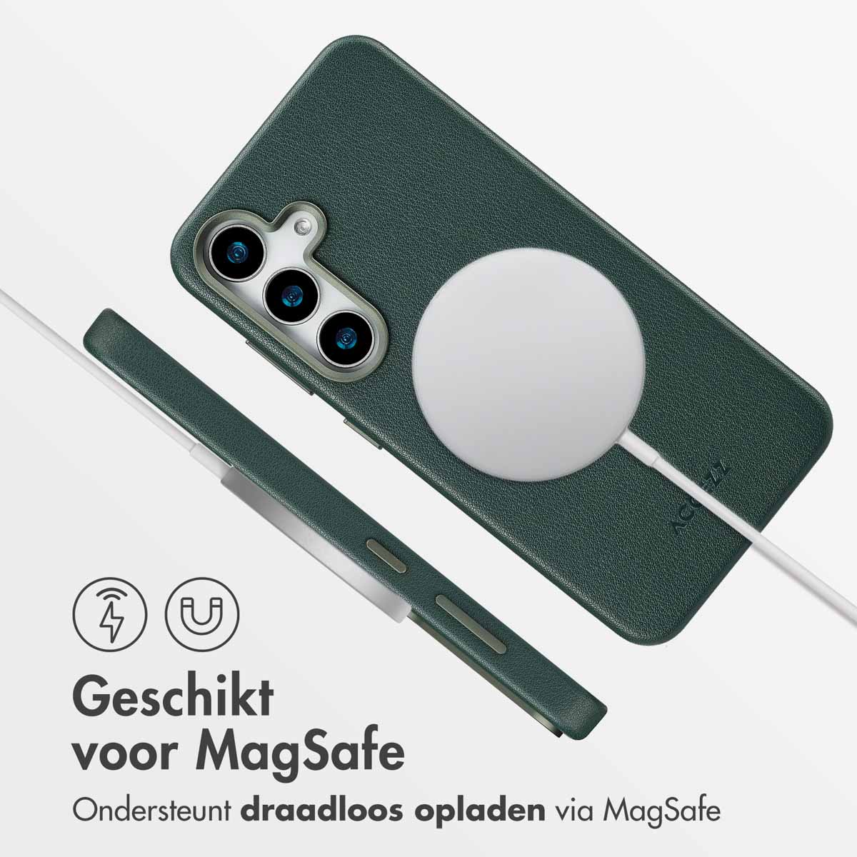 Coque de téléphone verte avec un chargeur MagSafe attaché, supportant la charge sans fil via MagSafe.