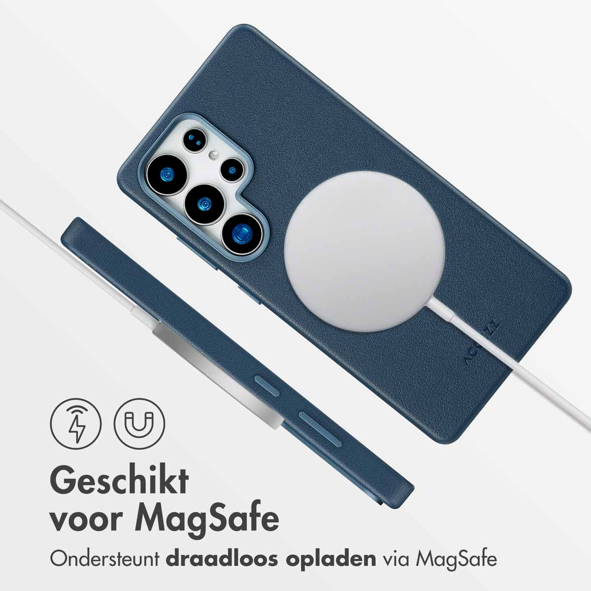 Blauw telefoonhoesje met MagSafe-oplader. Tekst: Geschikt voor MagSafe, ondersteunt draadloos opladen.