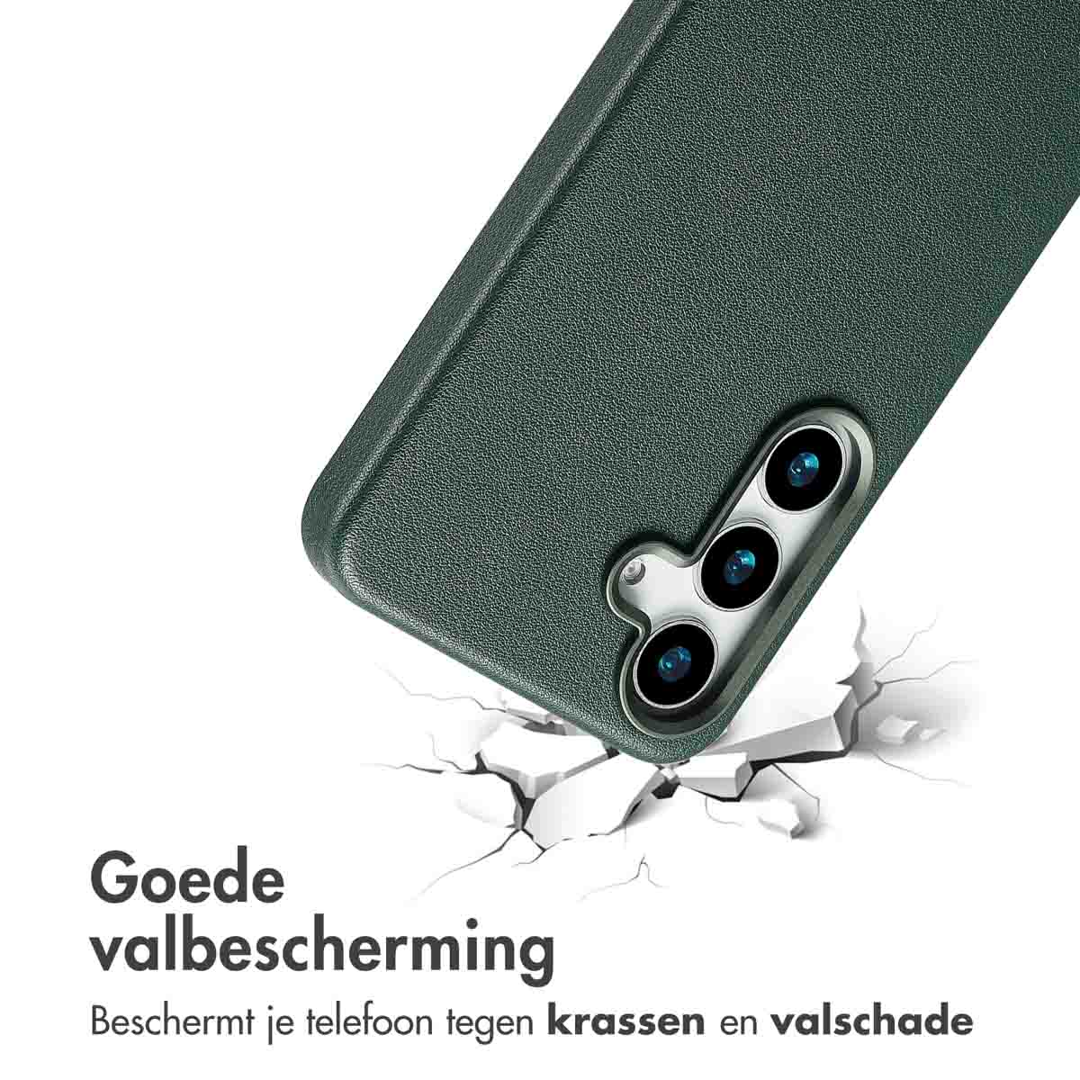 Coque de téléphone verte. Texte : 'Bonne protection contre les chutes. Protège votre téléphone des rayures et des chutes'.